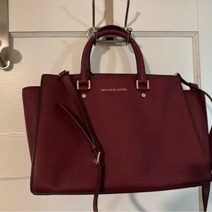 Michael Kors Wine Saffiano Leather Satchel with Gold Hardware